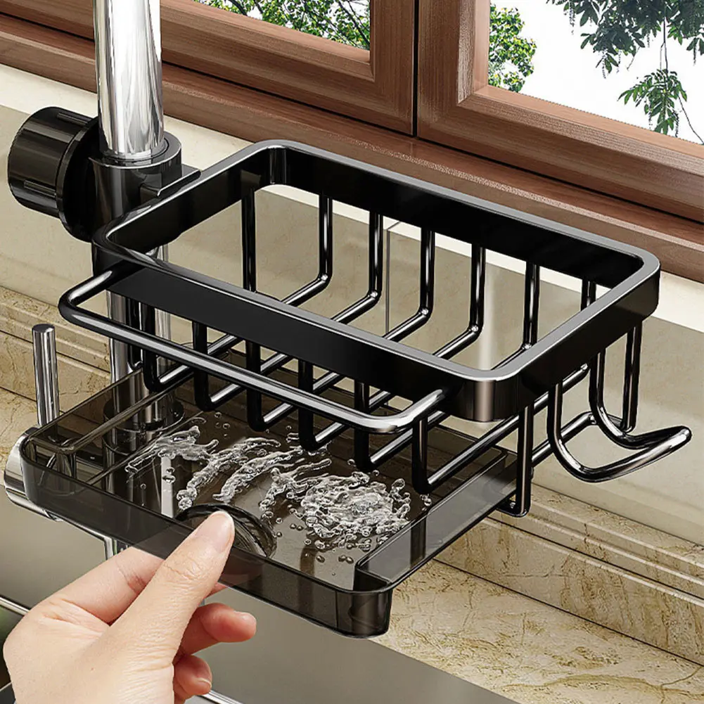Kitchen Sink Faucet Organizer Aluminum Over Faucet Sink Caddy Organizer Faucet Drain Rack with Hook for Bathroom Scrubbers Soap
