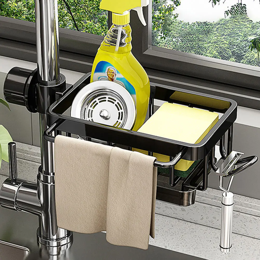 Kitchen Sink Faucet Organizer Aluminum Over Faucet Sink Caddy Organizer Faucet Drain Rack with Hook for Bathroom Scrubbers Soap