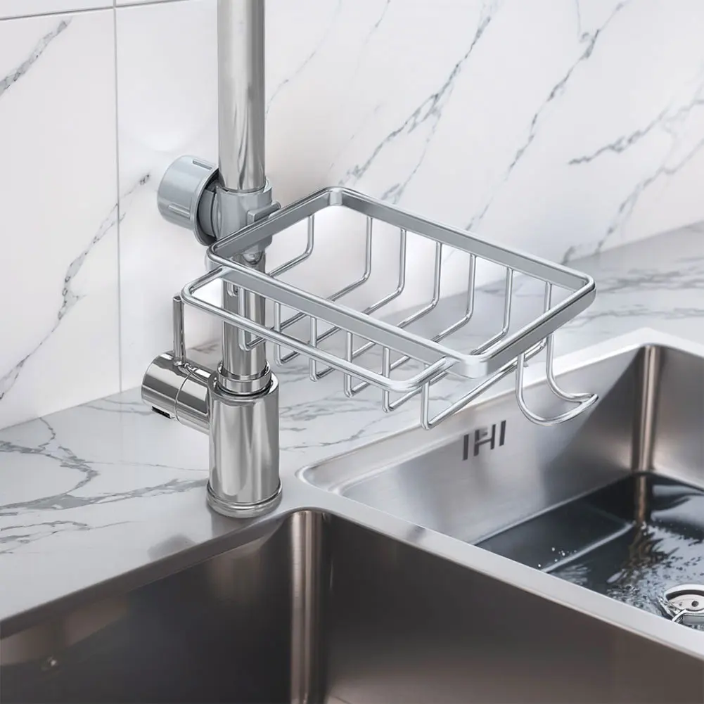 Kitchen Sink Faucet Organizer Aluminum Over Faucet Sink Caddy Organizer Faucet Drain Rack with Hook for Bathroom Scrubbers Soap