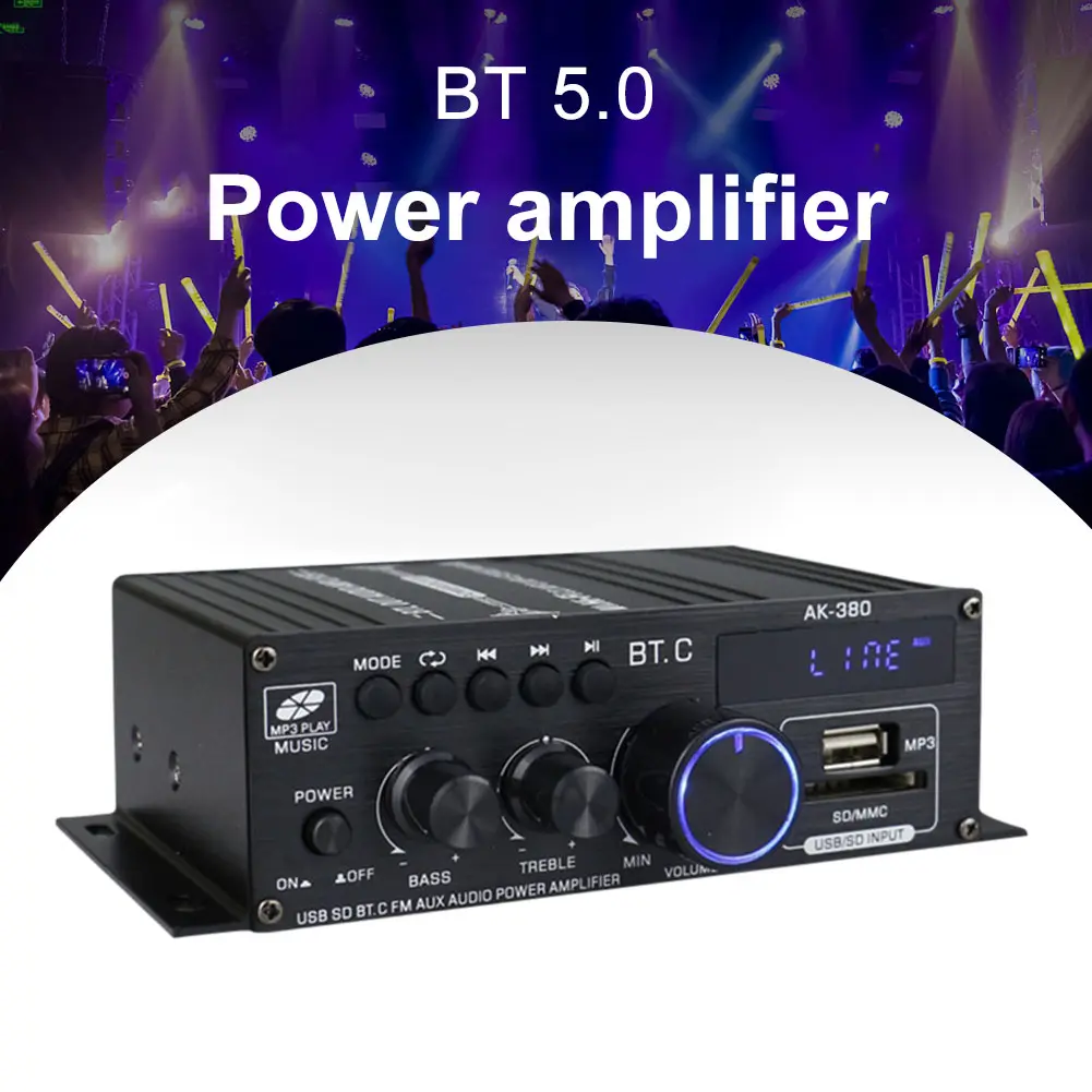 AK380 Audio Amplifier 2 Channel Bluetooth-Compatible Amplifier HIFI Bass 40W+40W Music Player USB AUX Karaoke for Home Car