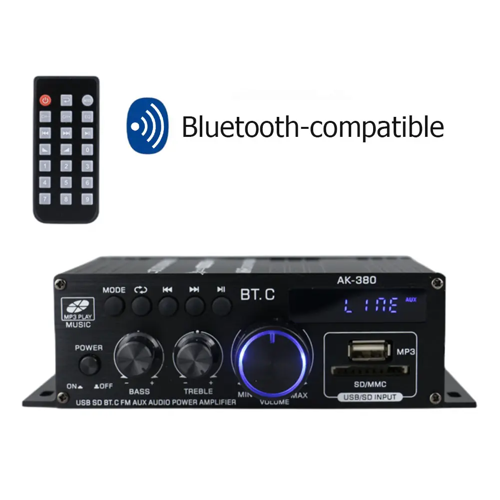 AK380 Audio Amplifier 2 Channel Bluetooth-Compatible Amplifier HIFI Bass 40W+40W Music Player USB AUX Karaoke for Home Car