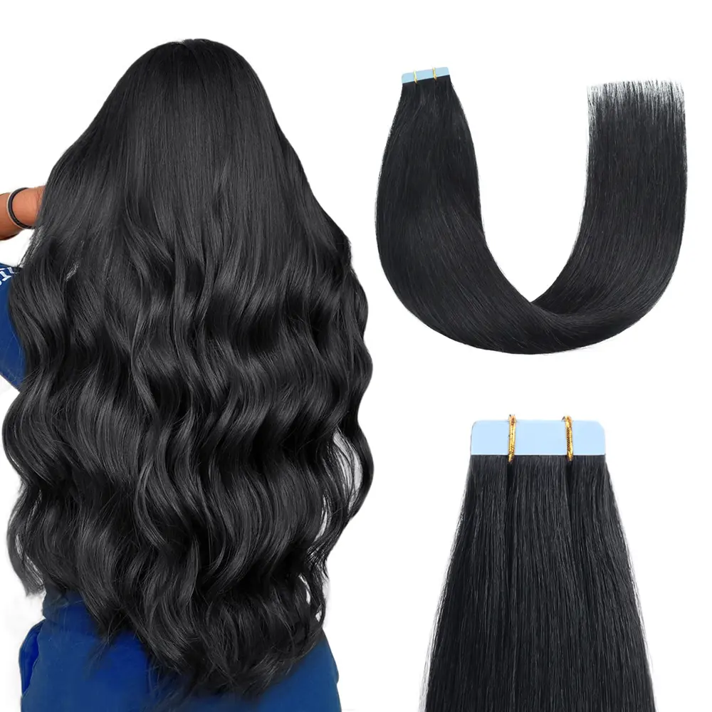 Jet Black Tape in Hair Extensions Human Hair Silky Straight Adhesive Seamless Skin Weft Tied Tape in Remy Extensions 20pcs 50g