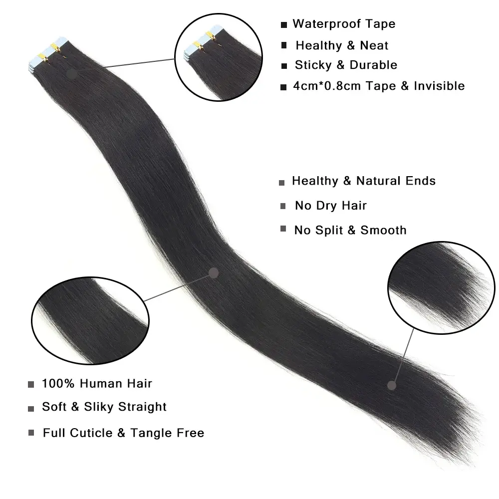 Jet Black Tape in Hair Extensions Human Hair Silky Straight Adhesive Seamless Skin Weft Tied Tape in Remy Extensions 20pcs 50g