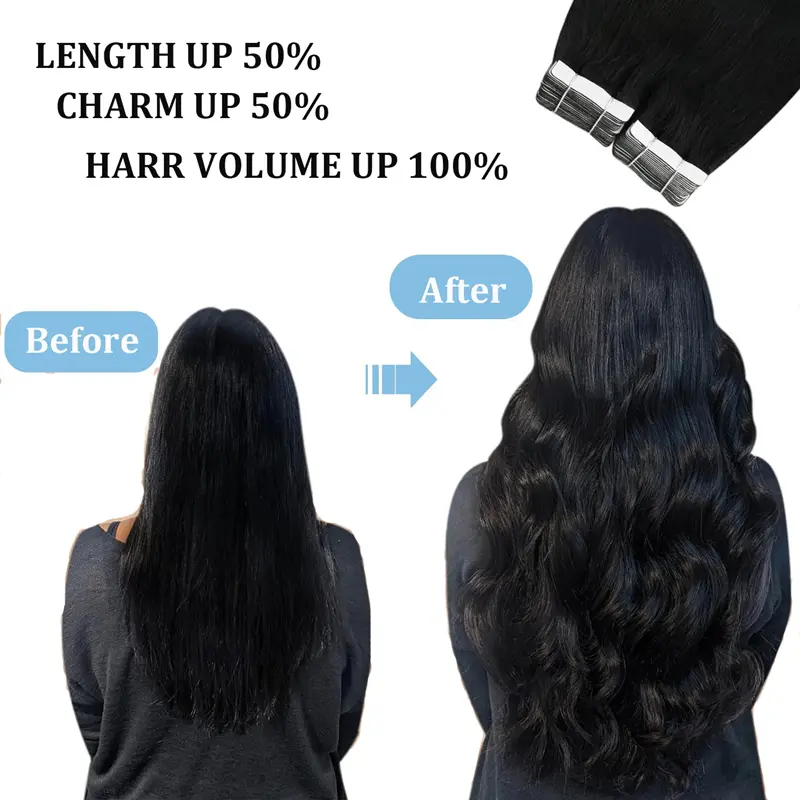 Jet Black Tape in Hair Extensions Human Hair Silky Straight Adhesive Seamless Skin Weft Tied Tape in Remy Extensions 20pcs 50g