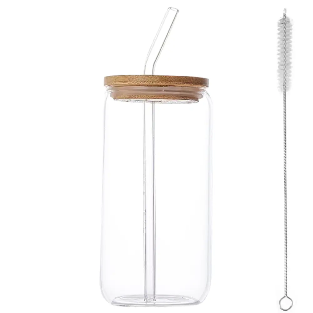 500ML/16oz Glass Cups with Lid and Straws Can Shaped Glass Mug Beer Wine Glasses Mugs for Bubble Tea Iced Coffee Smoothie 1/2pcs