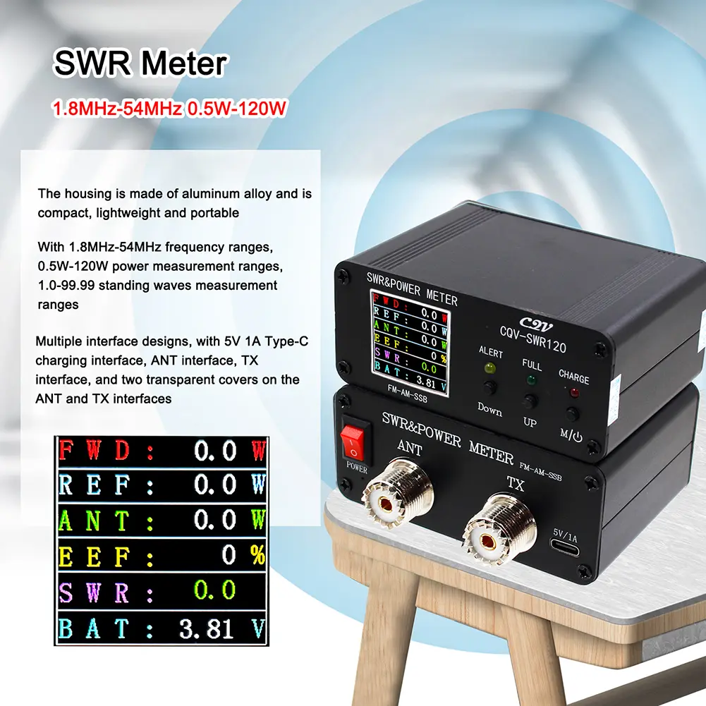 CQV-SWR120 SWR Power Meter 240 * 240 Full Color HD Display FM-AM-SSB Power Standing Wave Meter LED Indicator 120W 1.8-54Mhz
