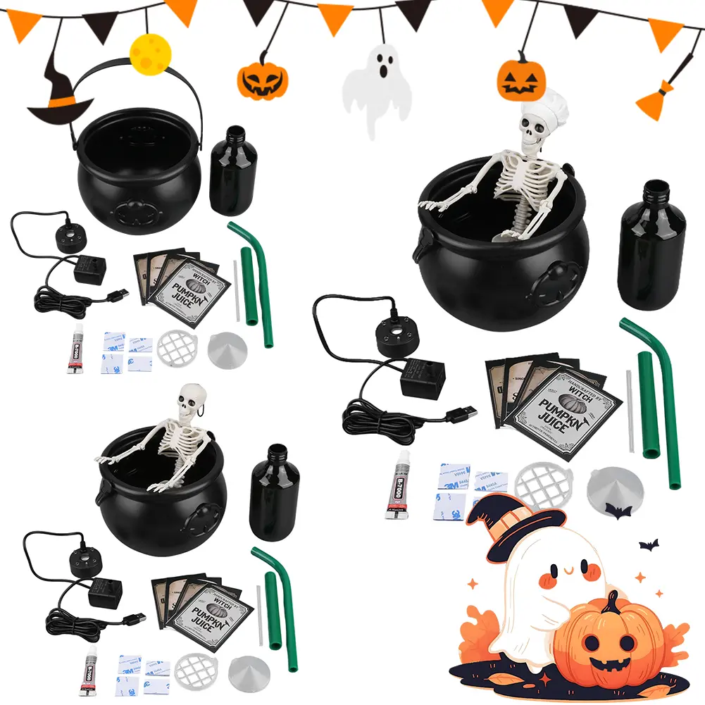 Halloween Decoration DIY Magic Floating Bottle with Cauldron and Mist Maker Diffuser Party Decor for Home Witch Bowl Scary Props