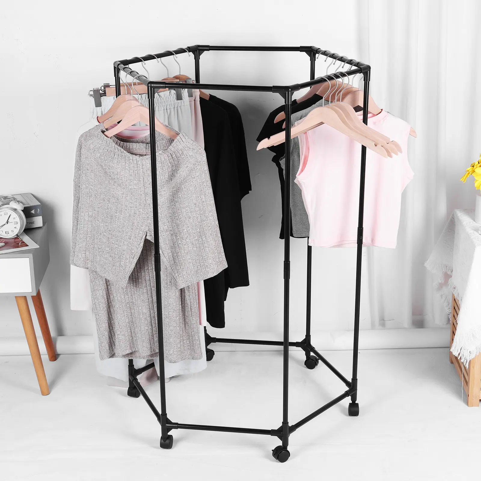 Hexagon Metal Clothing Garment Stand with Wheels Wardrobe Rack Display Stand for Everyday Home Dormitory Hotel Add Closet Space