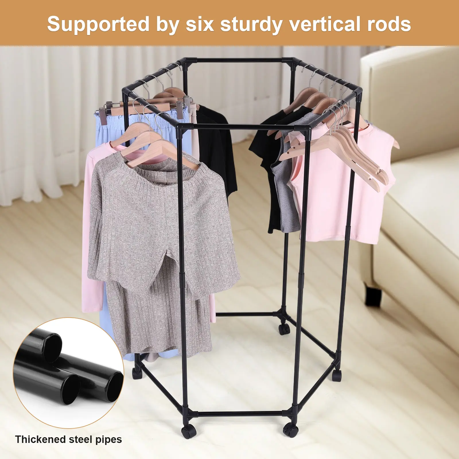 Hexagon Metal Clothing Garment Stand with Wheels Wardrobe Rack Display Stand for Everyday Home Dormitory Hotel Add Closet Space