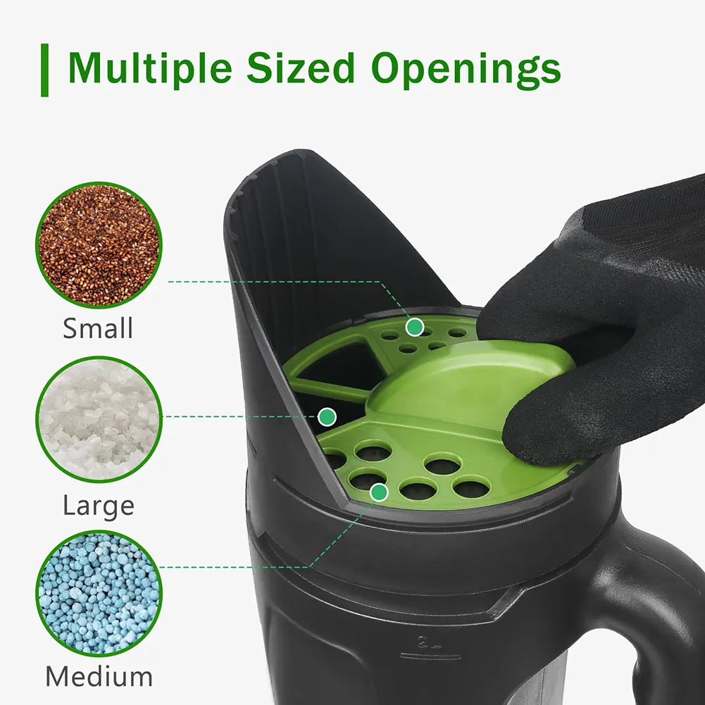Handheld Seed Spreader with 80 Ounce Capacity Adjustable Opening Perfect for Lawn and Garden Fertilizer Use