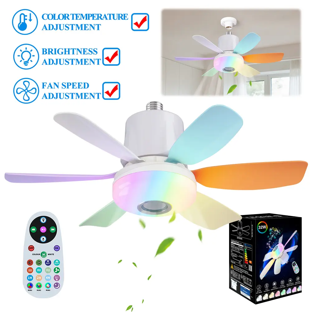 Socket Fan Light with Remote Socket Ceiling Fan Adjustable Wind Speed Light Bulb Fan Timing Wireless Fan for Living Room Bedroom