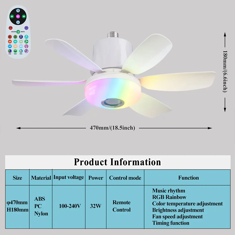 Socket Fan Light with Remote Socket Ceiling Fan Adjustable Wind Speed Light Bulb Fan Timing Wireless Fan for Living Room Bedroom