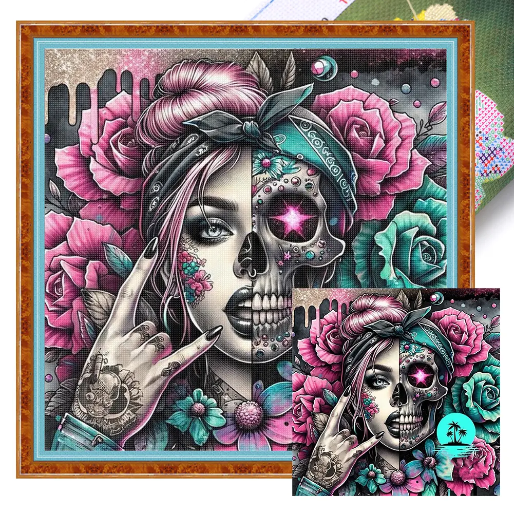 Skull Girl Printed Cross Stitch Kit DIY 11CT Embroidery Craft Set Home Decor