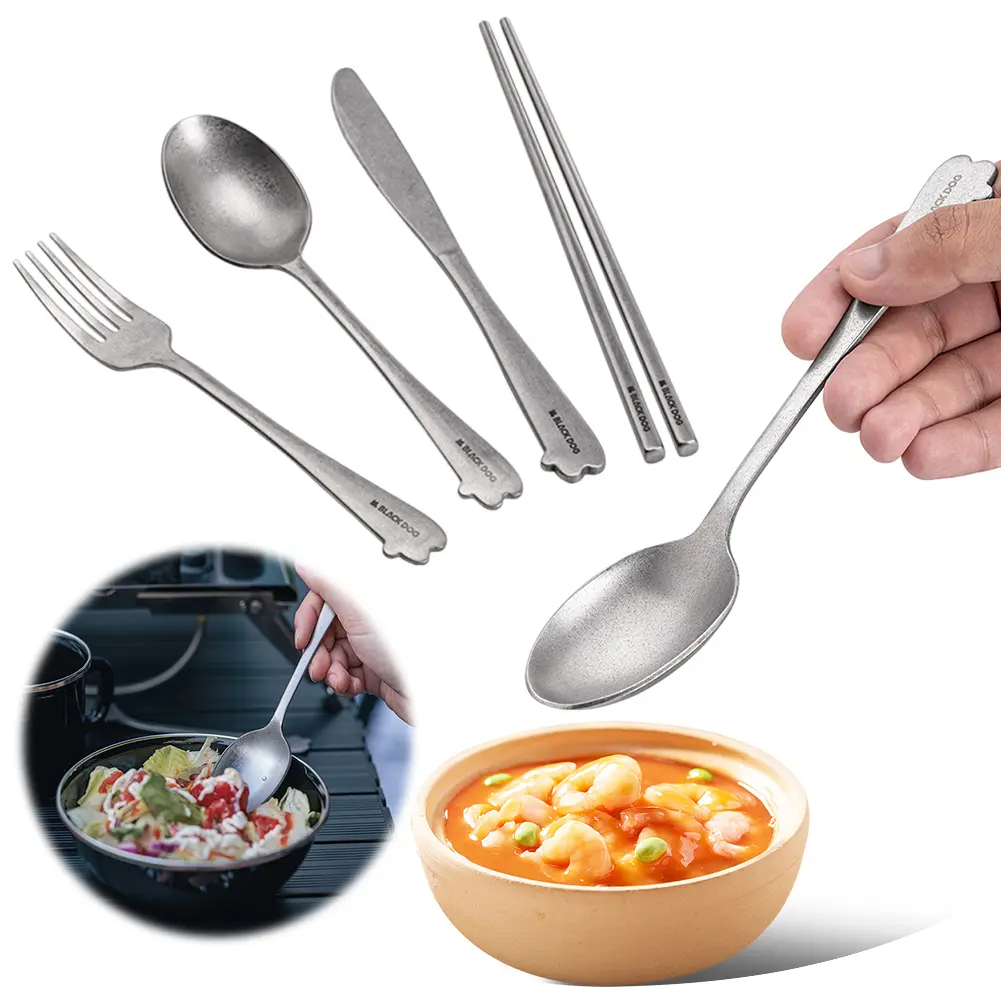Stainless Steel Spoon Fork Cutter Chopsticks Vintage Tableware Set with Storage Bag Utensils Set for Travel Picnic Camping