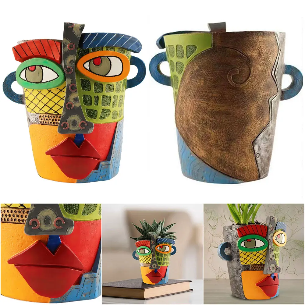 Resin Abstract Beauty Face Flower Pot Abstract Face Flower Pot Colorful Face Abstract Planter Art Flower Pot Home Art Decor