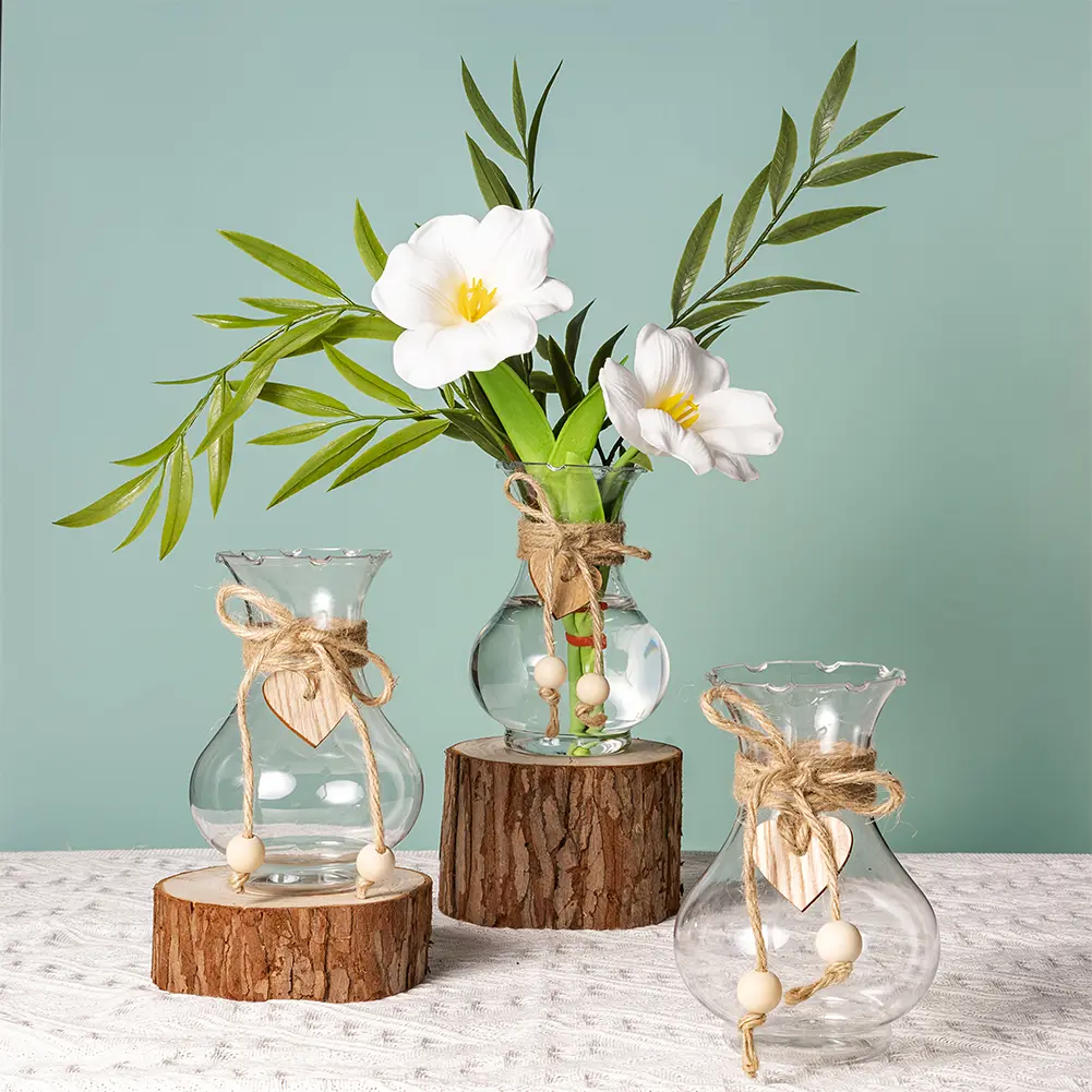 12 PCs Decorative Bulb Vase with Wooden Heart Ornaments Hydroponic Hyacinth Bottles for Centerpieces Wedding Table Decorations