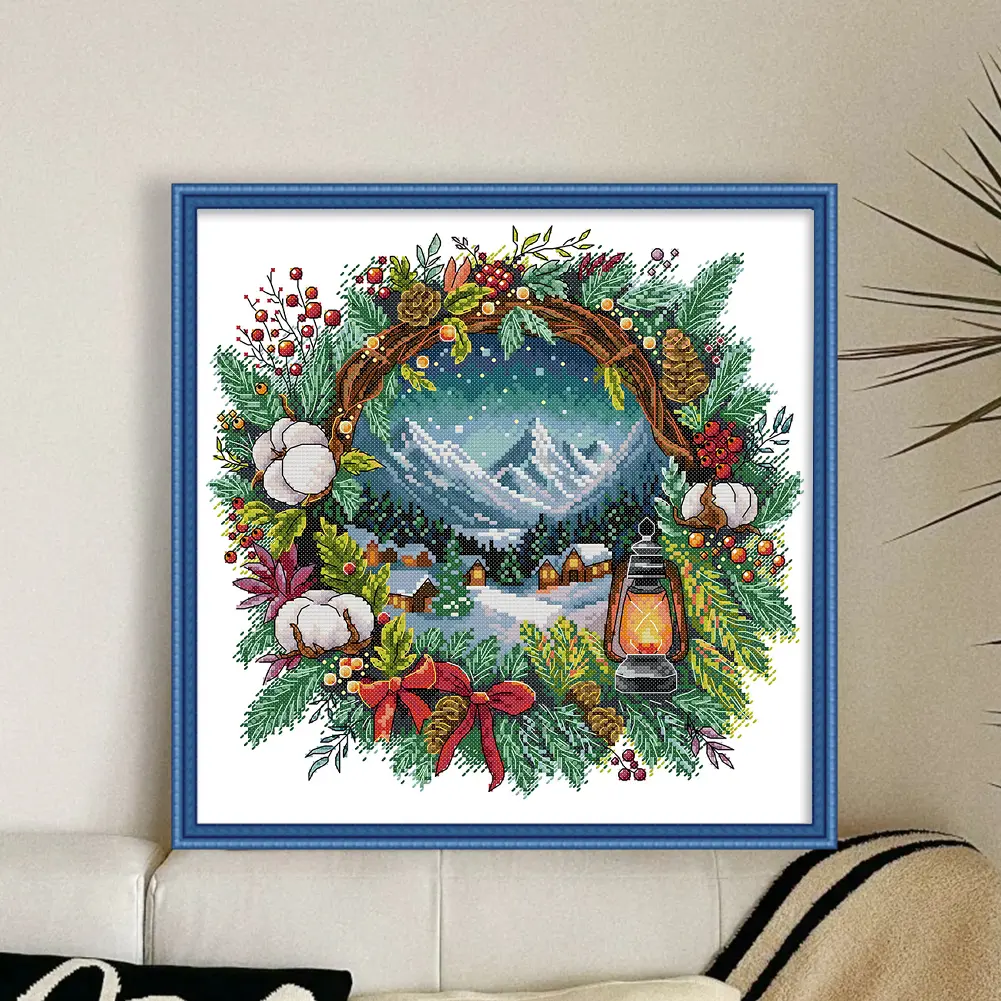 Winter Wreath Printed Cross Stitch Kit 40x40cm DIY 14CT Embroidery Craft Set