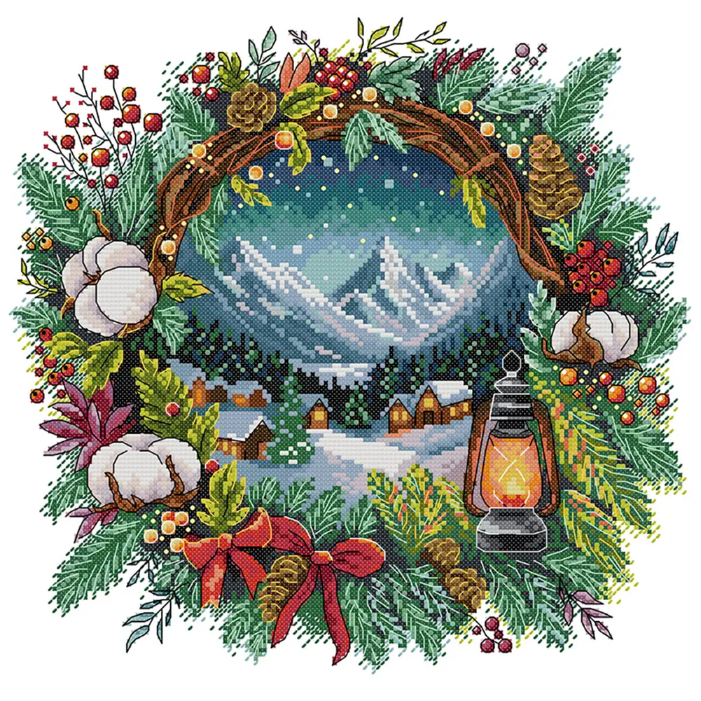 Winter Wreath Printed Cross Stitch Kit 40x40cm DIY 14CT Embroidery Craft Set