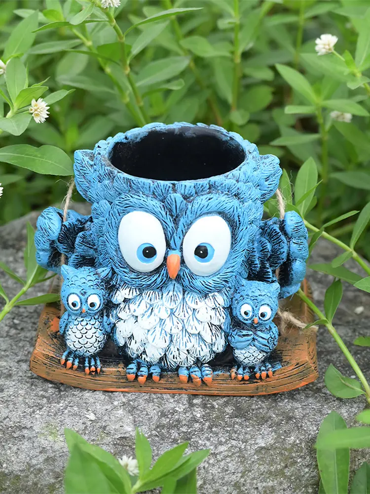 Swing Owl Resin Hanging Planter with Drainage Hole Succulent Pots Flower Pot Gift for Women Mother Teacher