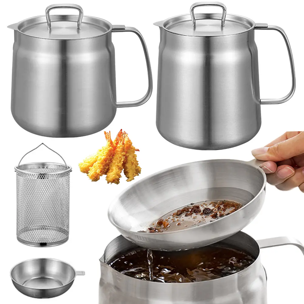 1.5/2L Oil Filter Pot Large Capacity Stainless Steel Pouring Oil Bottle Leak-proof Multifunctional Oil Filter Tank Kitchen Tools