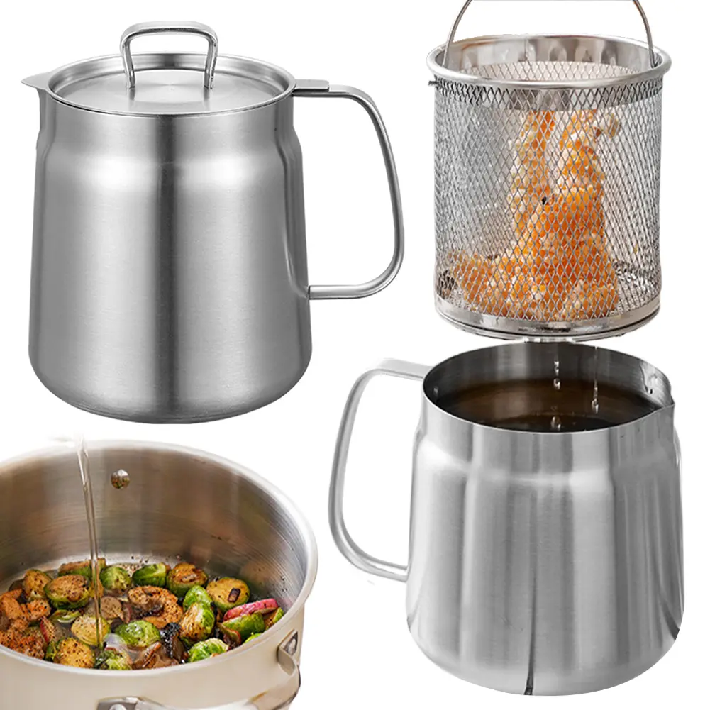 1.5/2L Oil Filter Pot Large Capacity Stainless Steel Pouring Oil Bottle Leak-proof Multifunctional Oil Filter Tank Kitchen Tools