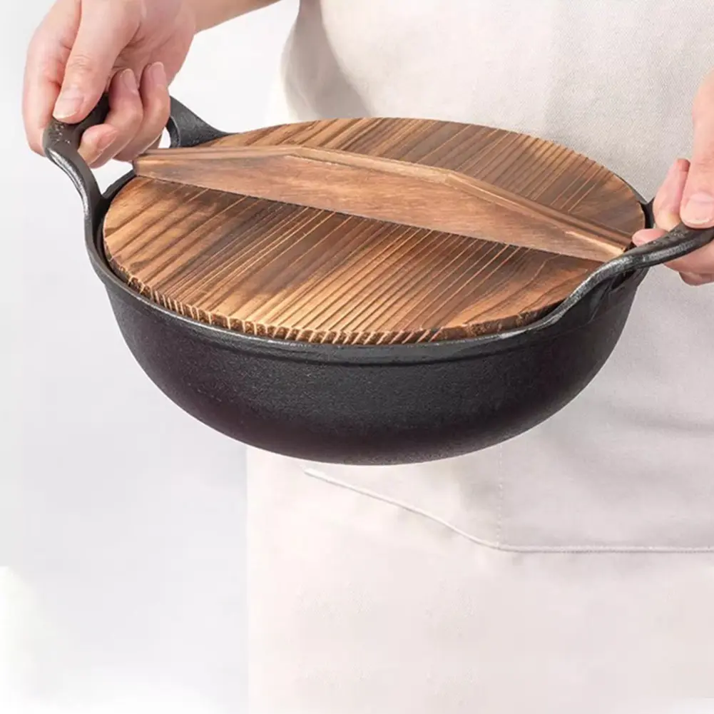 Chinese Wok Pan with Lid & Dual Handle Flat Bottom Stir Fry Pan Non Stick Heavy Dutch Soup Pot Home Kitchen Accessory