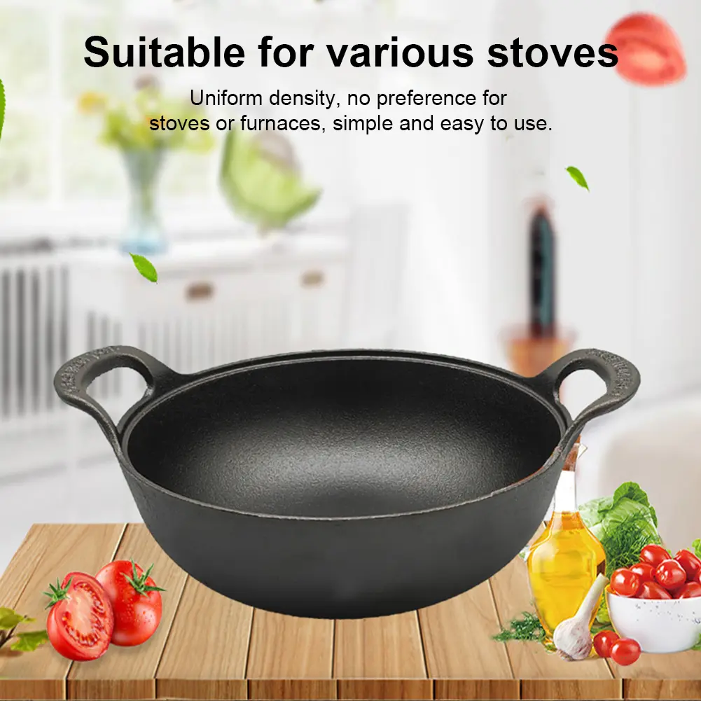 Chinese Wok Pan with Lid & Dual Handle Flat Bottom Stir Fry Pan Non Stick Heavy Dutch Soup Pot Home Kitchen Accessory