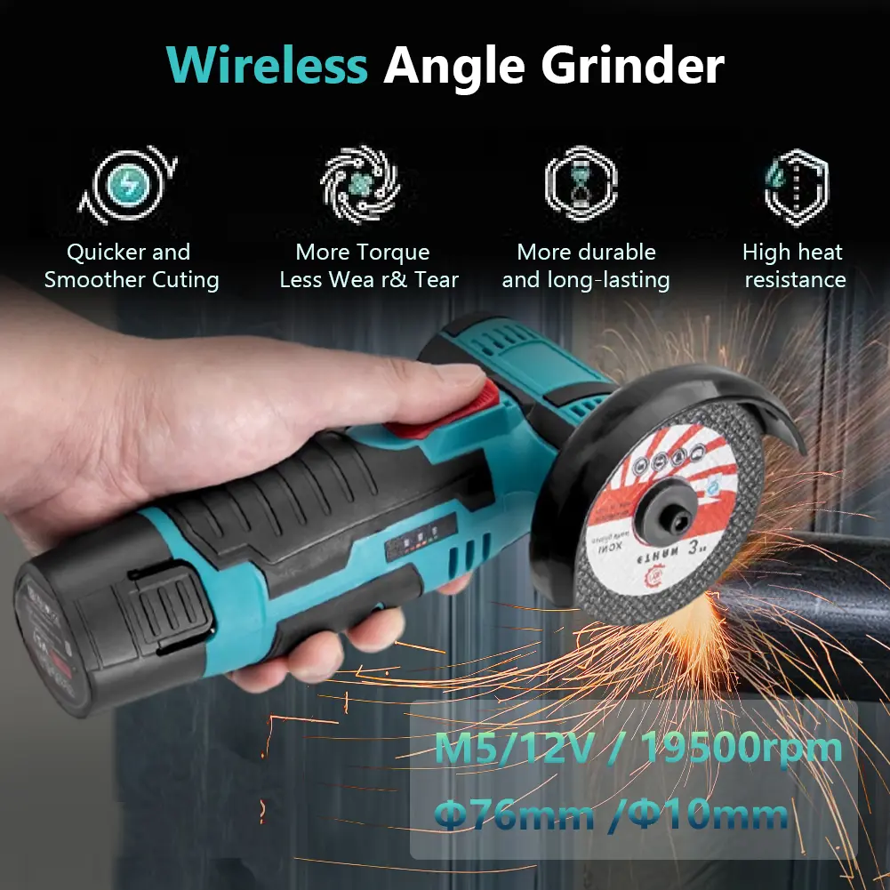 12V Rechargeable 3 Inch Brush Mini Angle Grinder with 19500rpm for Household Cutting and Polishing Tasks
