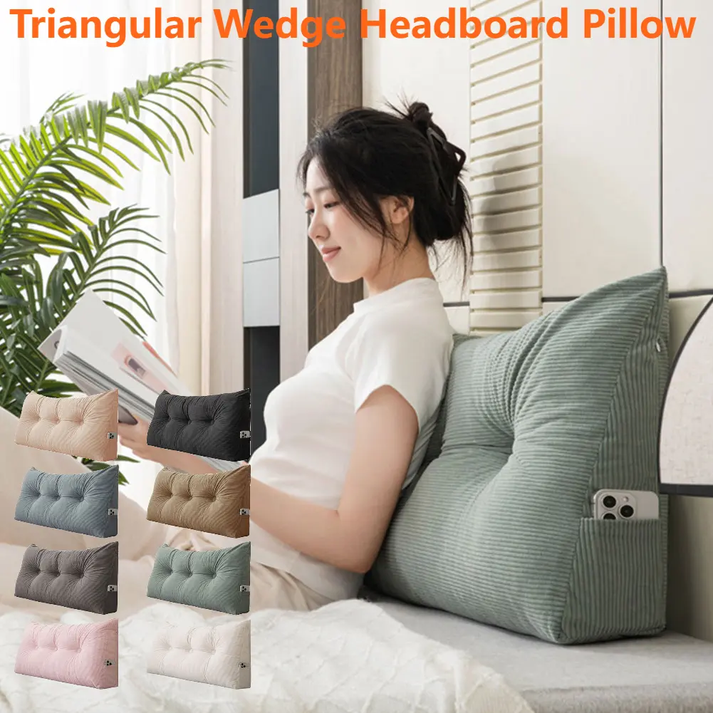 Triangular Wedge Headboard Pillow with Side Pockets Positioning Back Support Reading Bolster Pillow Long Cushions for Bed Sofa