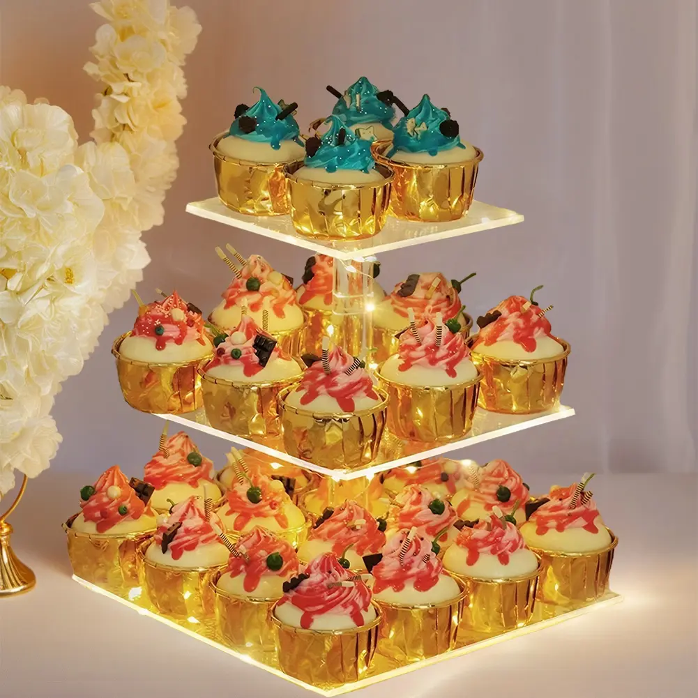 Unique Square Acrylic Multi Tier Cupcake Display Stand with LED Lights for Weddings and Birthday Parties