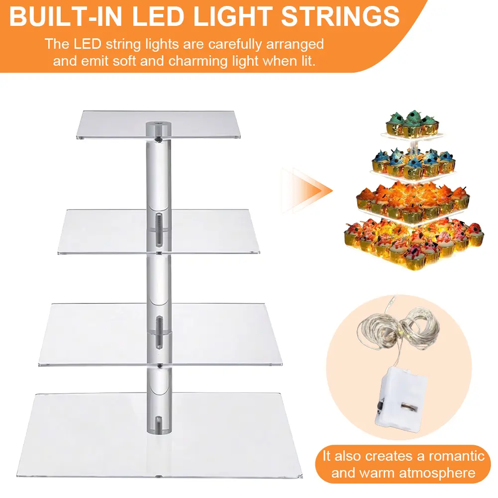 Unique Square Acrylic Multi Tier Cupcake Display Stand with LED Lights for Weddings and Birthday Parties