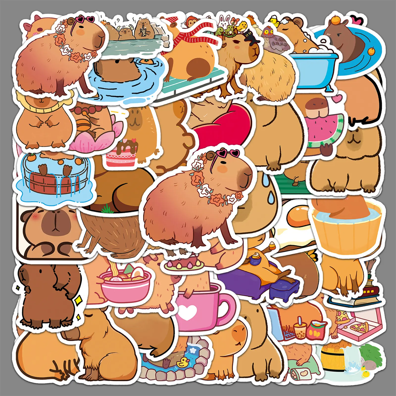 50 Pack Capybara Stickers Cute Brown Stickers Waterproof Cartoon Animal Decals for Water Bottle Skateboard Decor