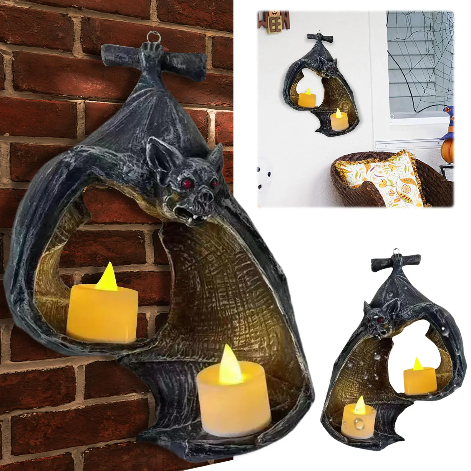 New Bat Wall Tealight Holder Halloween Candlestick Bat Statue Garden Hanging Sculpture Light Garden Home Decoration Candle Rack