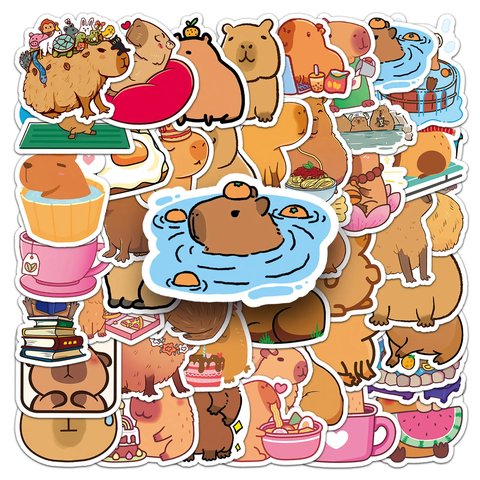 50 Pack Capybara Stickers Cute Brown Stickers Waterproof Cartoon Animal Decals for Water Bottle Skateboard Decor