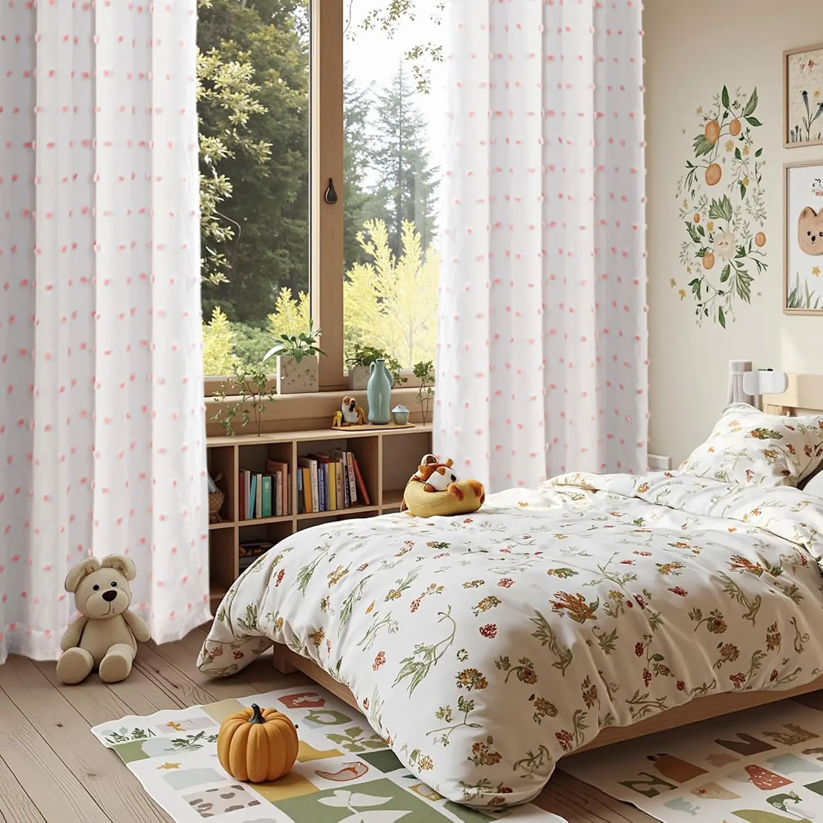 Floral Pink Nursery Curtains Double Layer Drape Dorm Curtain with Pink Pom Blocking Curtain Pom Sheer for Living Room