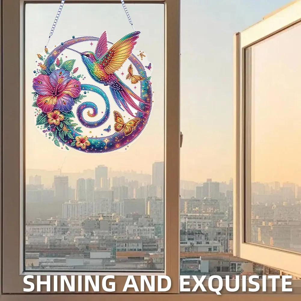 2D Flat Hummingbird DIY Rhinestone Diamond Art Window Pendants Special Shape Diamond Art Pendant Wall Decor for Home & Windows