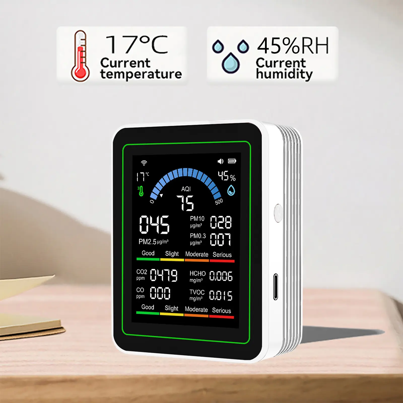 Air Quality Detector for PM2.5 PM10 CO AQI CO2 TVOC HCHO Temp Air Quality Tester for PM2.5 PM10 CO AQI for Home Office Plant