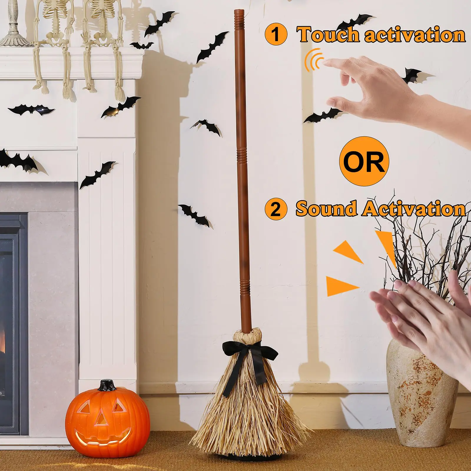 Halloween Animated Floating Witchs Broom Haunted Dancing Broom Witches Broom for Indoor & Outdoor Halloween Party Decorations