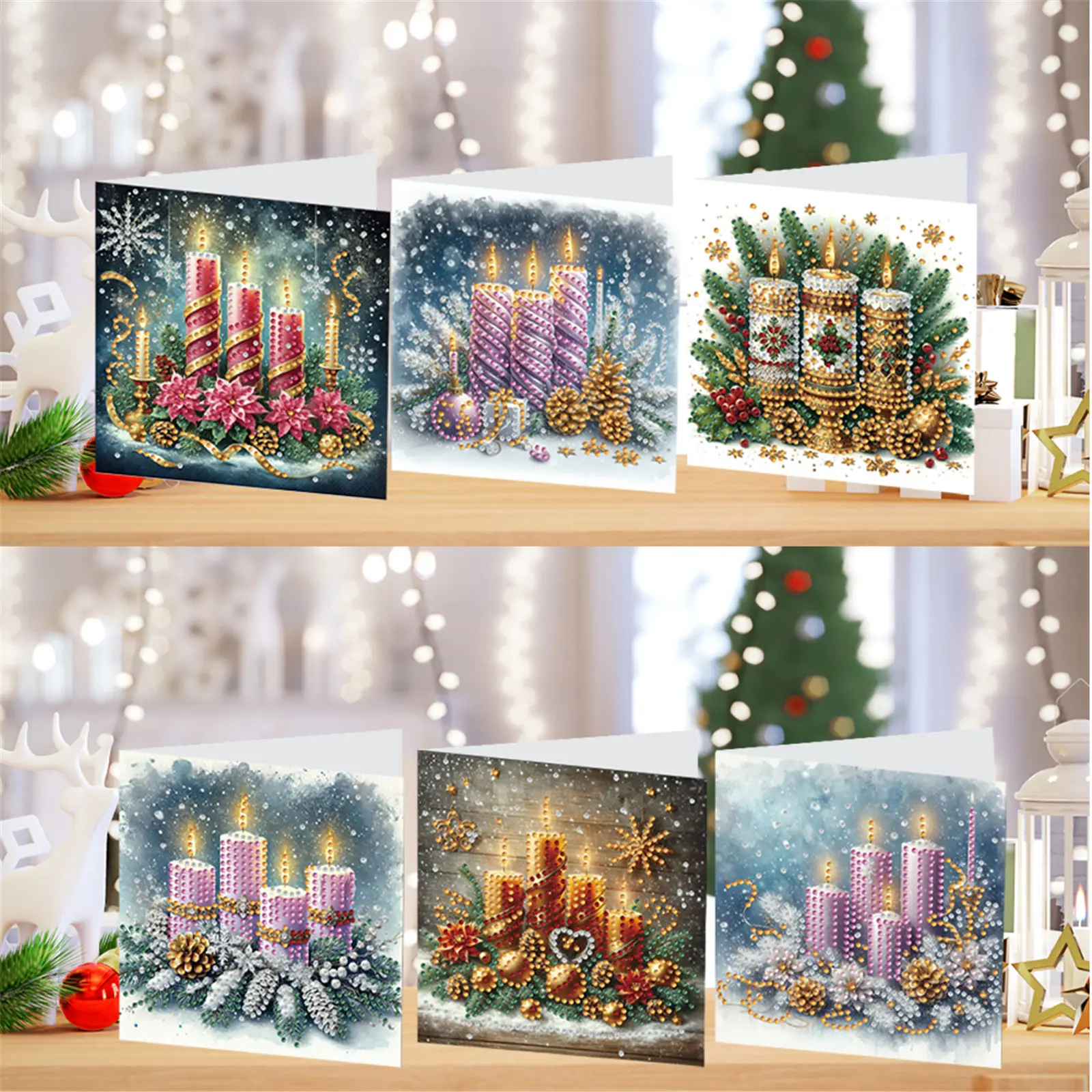 6pcs DIY Rhinestone Diamond Art Mosaic Postcards Diamond Art Greeting Cards for Xmas Birthdays Thanksgiving & Special Occasion