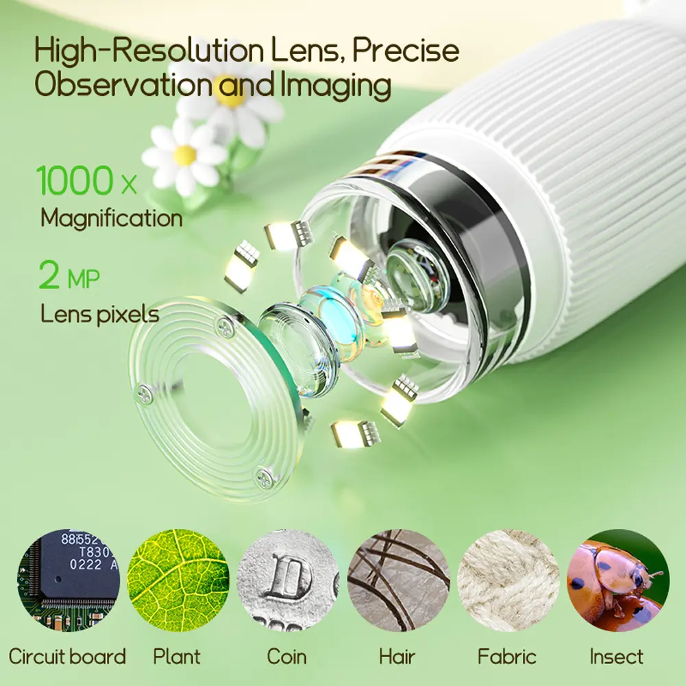 1000X Pocket Microscope for Kids with 8 LED Light Handheld Digital Microscope 2MP Lens Children Biological Insect Coin Magnifier