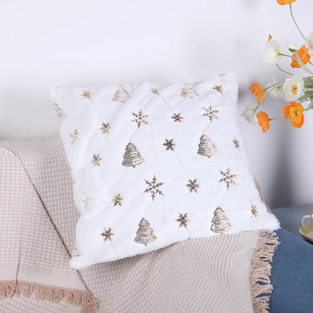 Christmas Tree Snowflake Embroidered Pillowcase Christmas Pattern Throw Pillow Cover for Winter Holiday Decoration