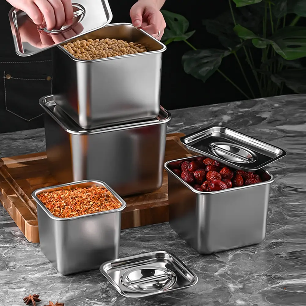 Stainless Steel Condiment Jar with Lid Spice Container Stackable Condiment Canister Seasoning Box for Salt Sugar Oil