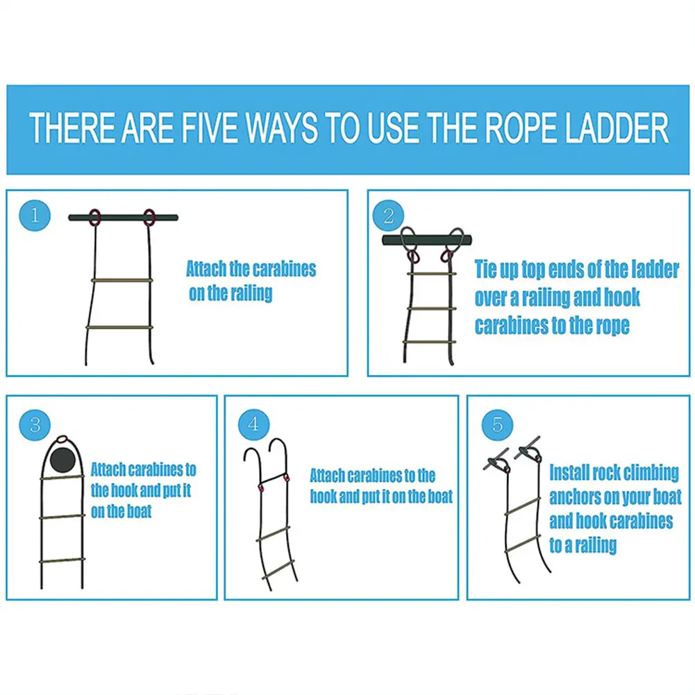 4 Step Heavy Duty Climbing Rope Folding Assist Boat Ladder Swim Ladder for Inflatable Boat Kayak Motorboat Canoeing