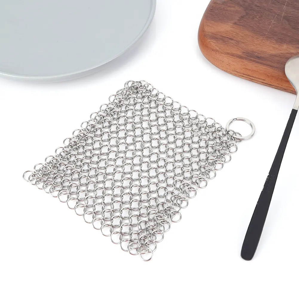Cast Iron Cleaner with Hanging Ring Chainmail Scrubber Stainless Steel Metal Cleaning Brush for Griddle Skillet Dutch Oven