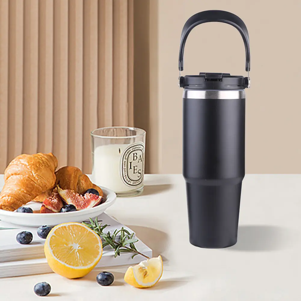 30oz Sports Water Bottle with Handle Travel Vacuum Flask Stainless Steel Vacuum Thermal Insulated Mug for Cold Hot Beverages
