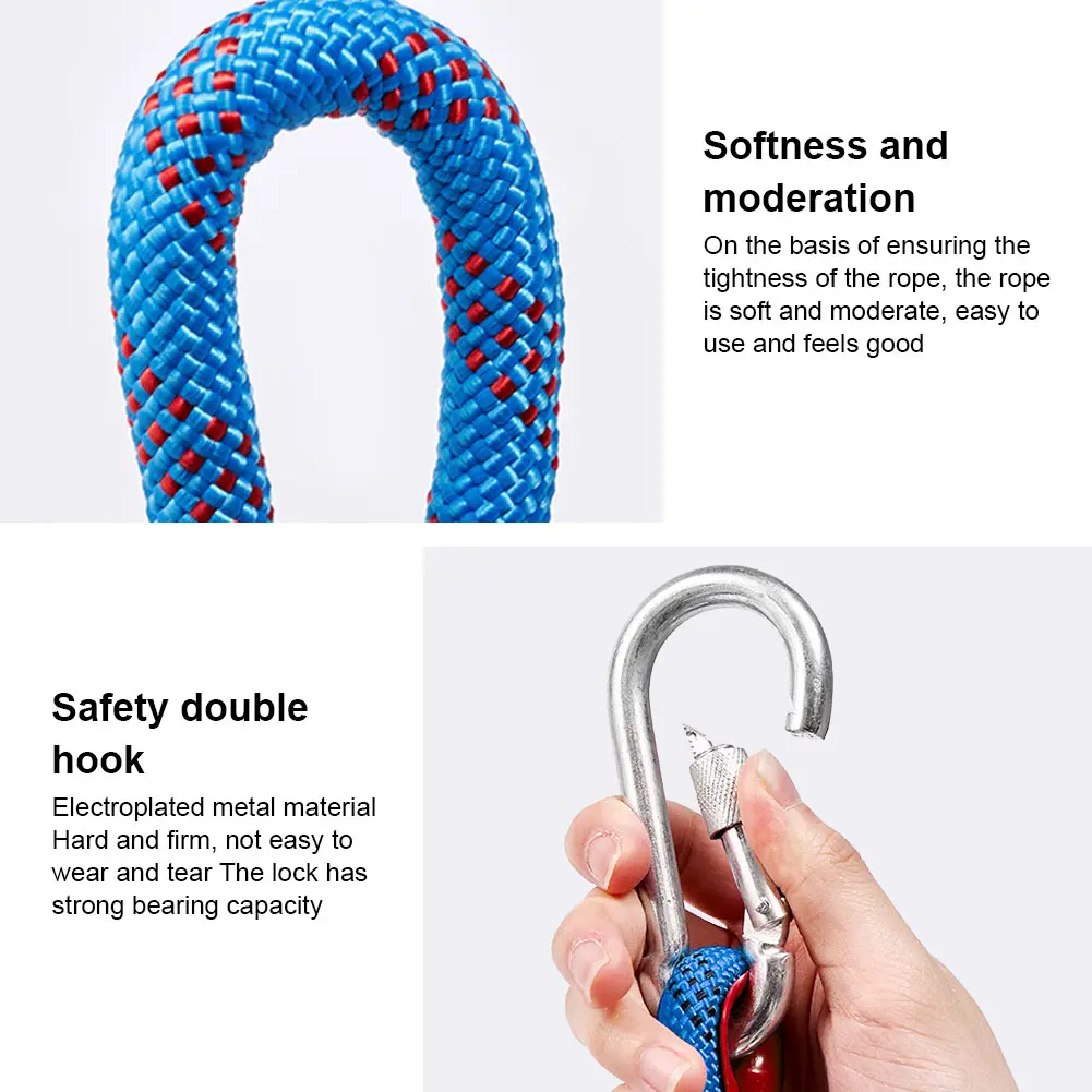 10mm Rock Climbing Rope with 2 Hooks Climbing Emergency Rope 10m/20m/30m Mountaineering Rope for Fire Escape Car Rescue