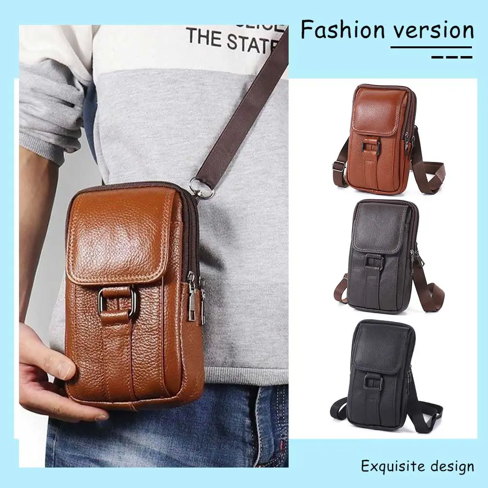 Portable Fanny Pack Waist Bag Cowhide Leather Cell Phone Belt Pack Fashion Multi-pockets Casual for Outdoor Sport