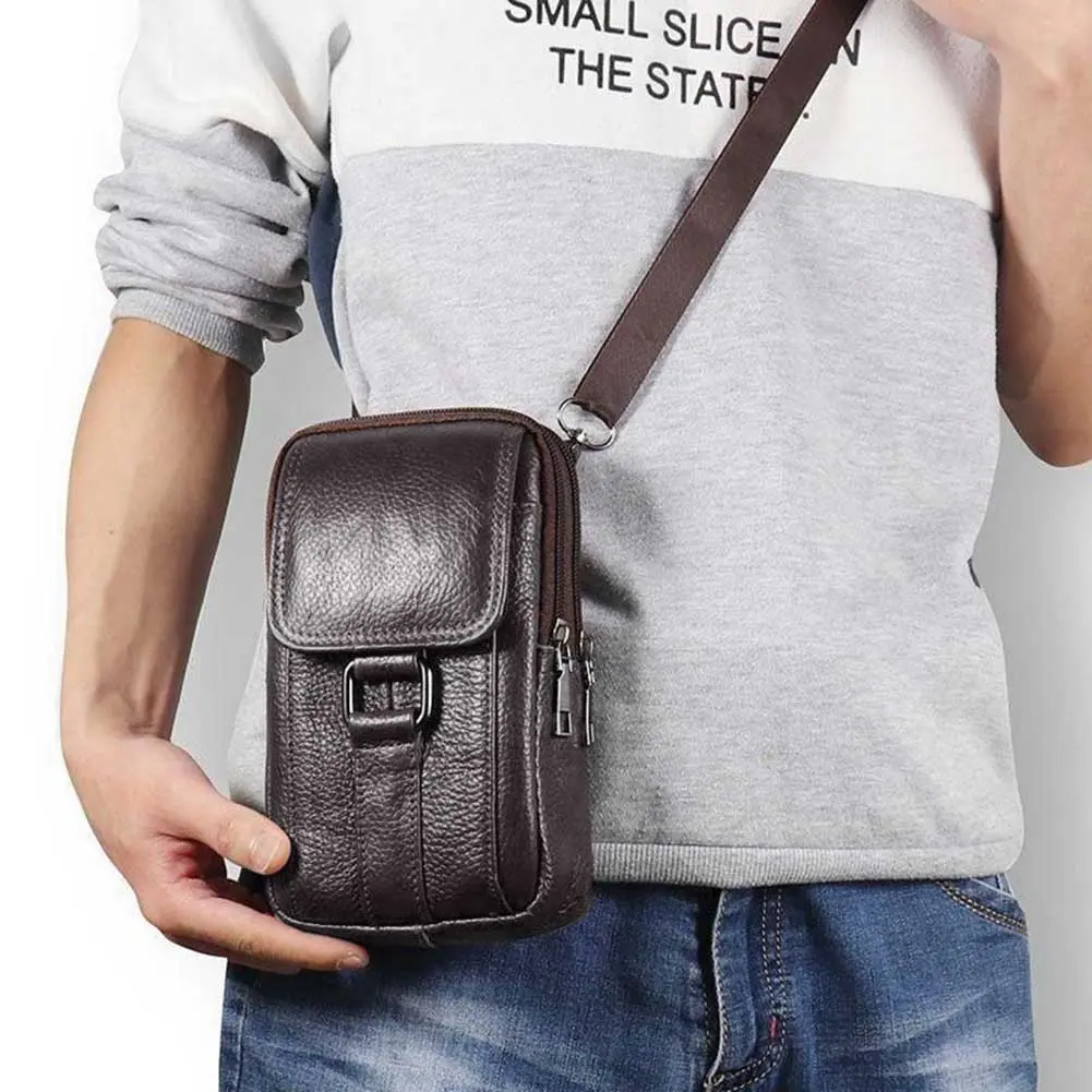 Portable Fanny Pack Waist Bag Cowhide Leather Cell Phone Belt Pack Fashion Multi-pockets Casual for Outdoor Sport