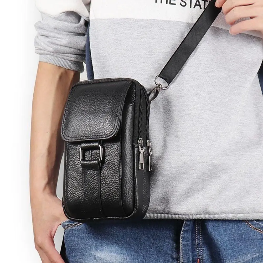 Portable Fanny Pack Waist Bag Cowhide Leather Cell Phone Belt Pack Fashion Multi-pockets Casual for Outdoor Sport