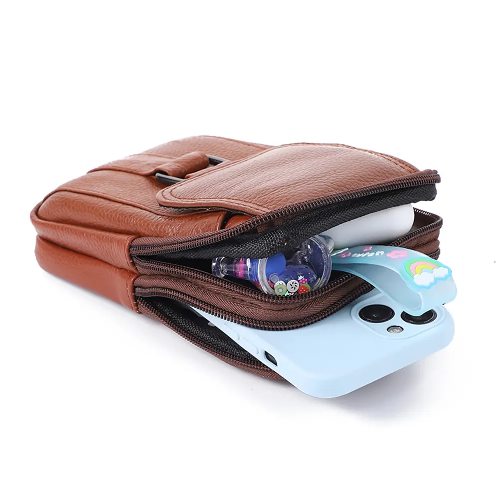 Portable Fanny Pack Waist Bag Cowhide Leather Cell Phone Belt Pack Fashion Multi-pockets Casual for Outdoor Sport